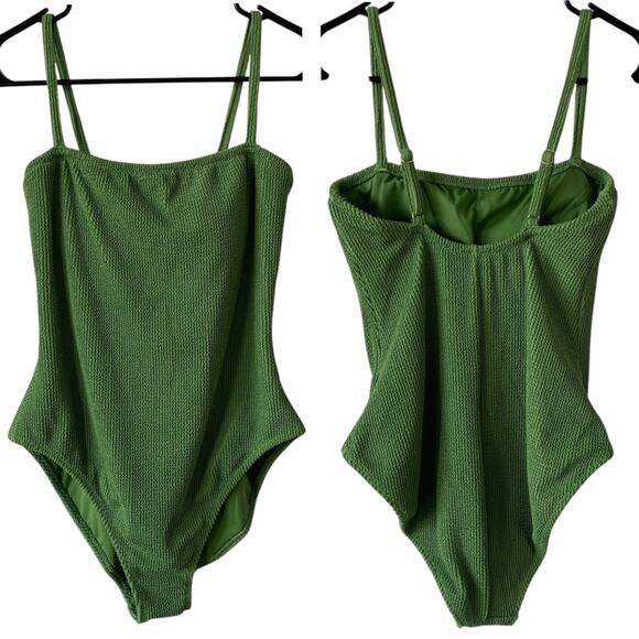 NEW SHADE & SHORE Green One Piece Swim Suit Crinkle Knit Size Medium Adjustable - Picture 1 of 7
